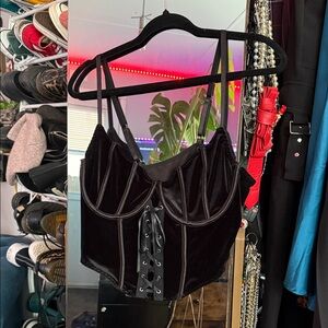 ROMWE Black Velvet Top with Lace-Up Design